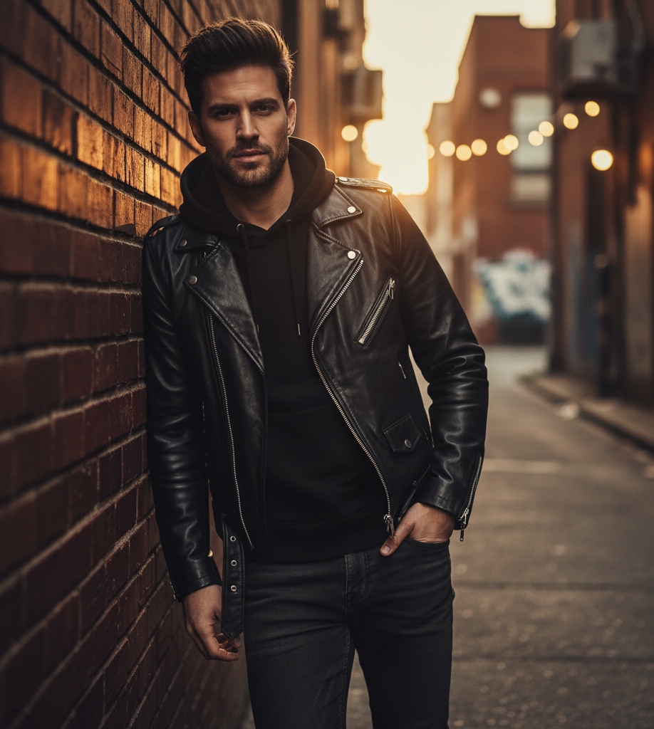 هودی مشکی زیر یک کت چرم