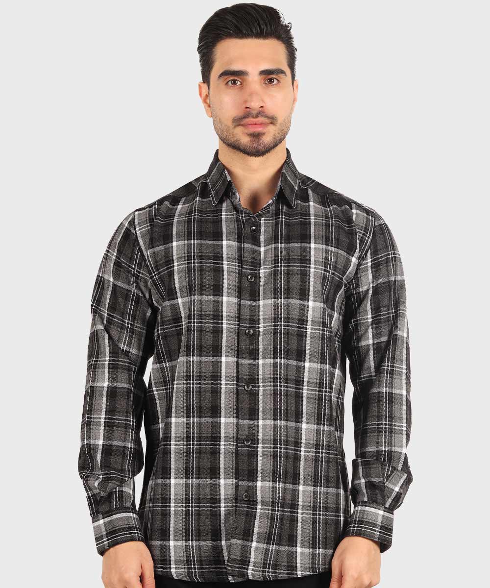 پیراهن مردانه پشمی چهارخانه طوسی تیره 0184