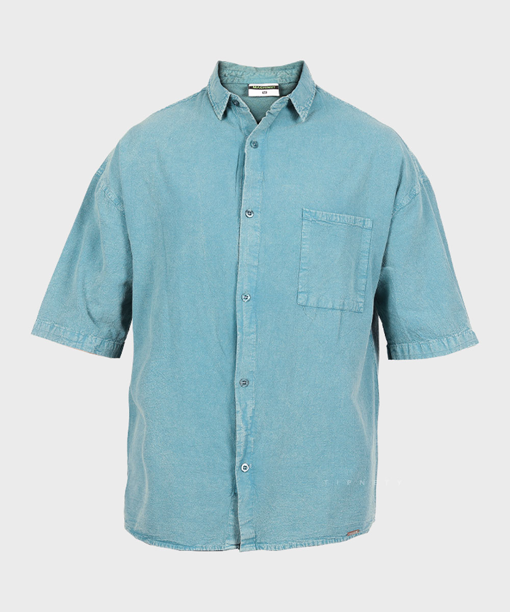 پیراهن مردانه باکسی سنگشور آبی چرک ماچینیست 0631