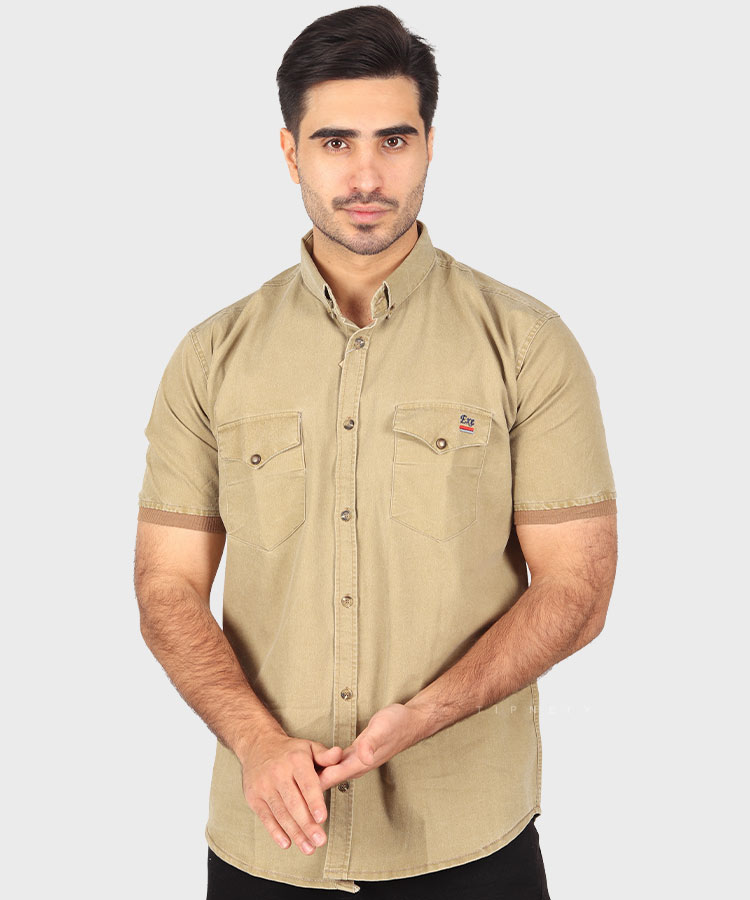                                 زیتونی سبز طوسی لجنی دودی ذغالی شتری پیراهن آستین کوتاه فیت 0698  - تصویر 5