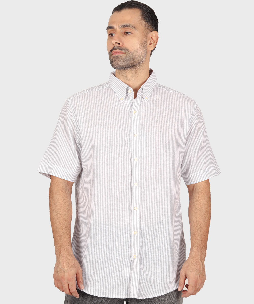 پیراهن لینن مردانه آستین کوتاه طوسی 1424