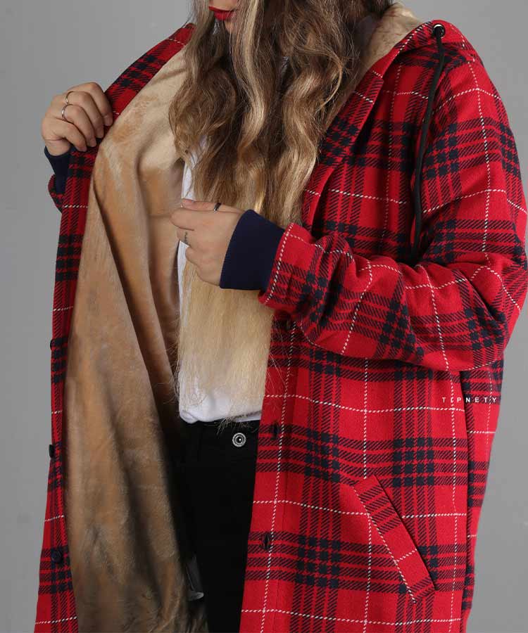 کاپشن پشمی بلند طرح چهارخانه 8035