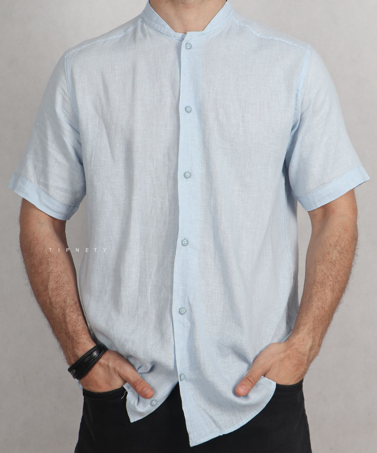                                                                                                                               مشکی صدری آبی روشن استخوانی خاکی شیری پیراهن آستین کوتاه فیت 1871  - تصویر 3