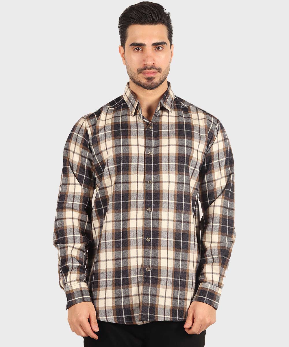 پیراهن مردانه پشمی چهارخانه کرم 0501