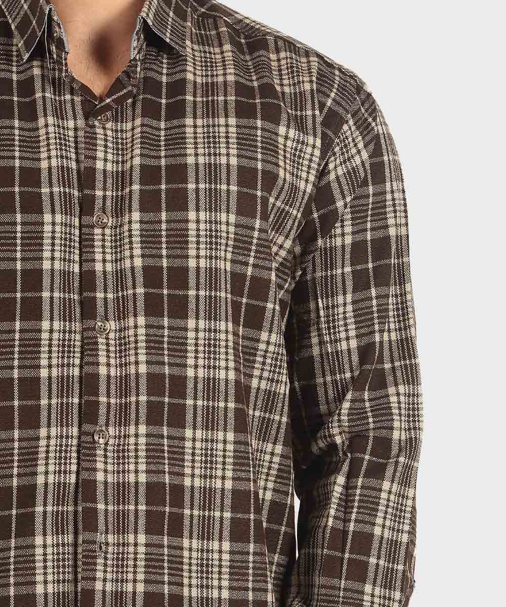 پیراهن مردانه پشمی چهارخانه قهوه ای 0180