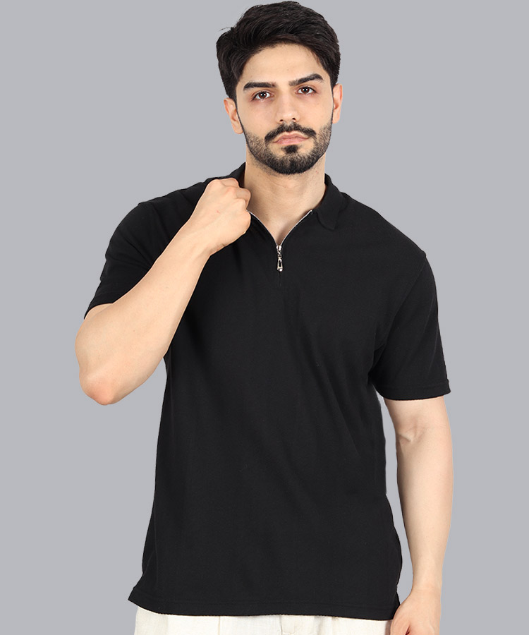 تیشرت یقه دار مشکی مردانه نیم زیپ 3247