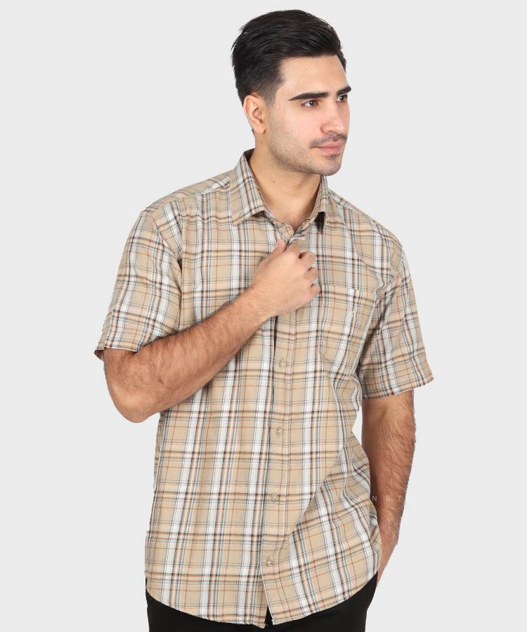 پیراهن مردانه آستین کوتاه چهارخانه نخودی 0932