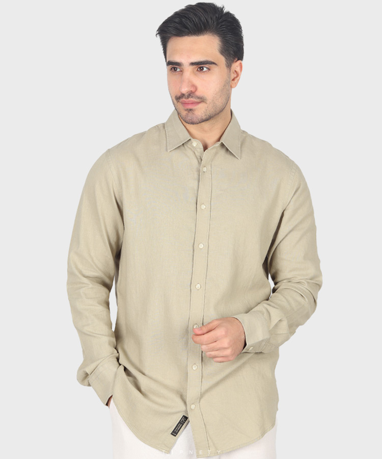 پیراهن لینن سبز مردانه آستین بلند 5430