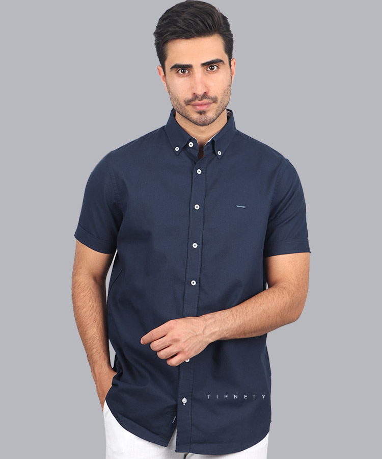                                                                                                 سورمه ای آبی روشن لجنی سبز سفید پیراهن آستین کوتاه فیت 5318  - تصویر 3