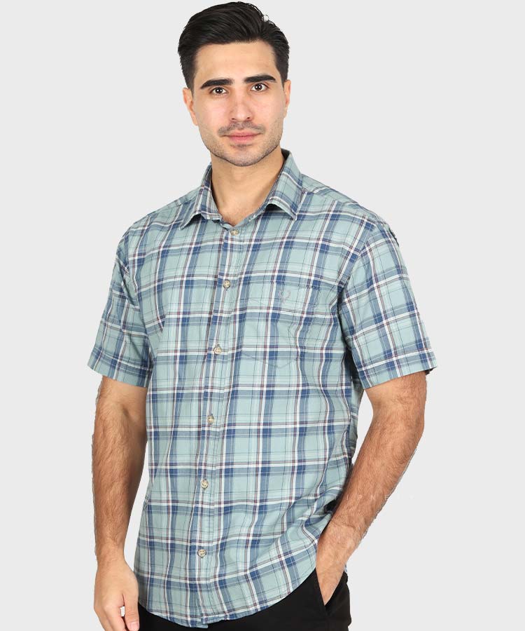 پیراهن مردانه آستین کوتاه چهارخانه فیروزه ای 0943