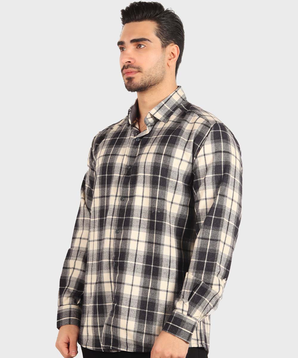 پیراهن مردانه پشمی چهارخانه کرم 0193