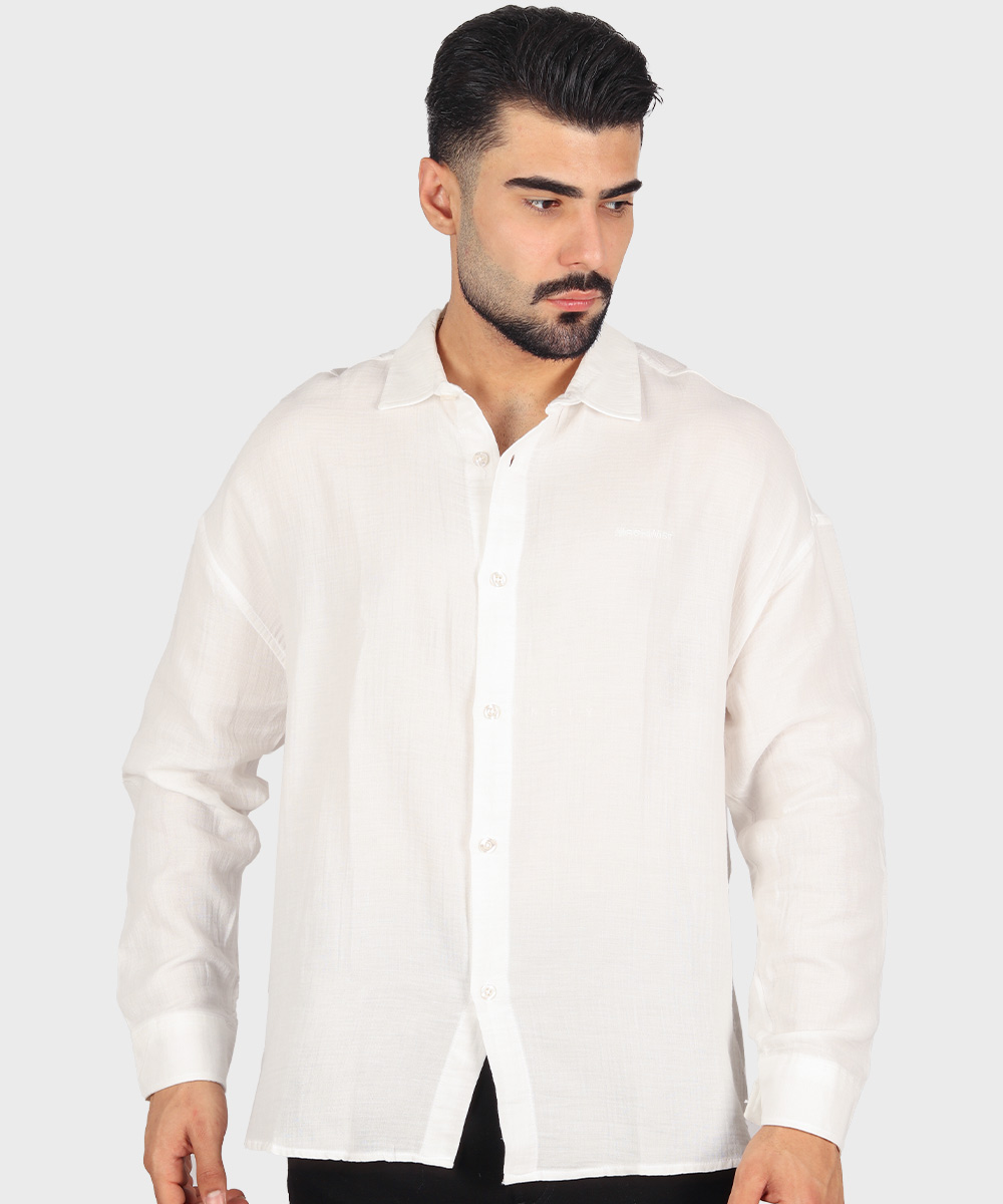 پیراهن لینن مردانه سفید ماچینیست 0643