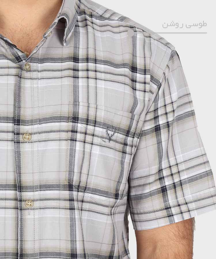 پیراهن مردانه آستین کوتاه چهارخانه طوسی روشن 0940
