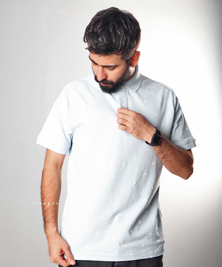           سورمه ای آبی روشن مشکی تیشرت یقه دار 0537  - تصویر 2