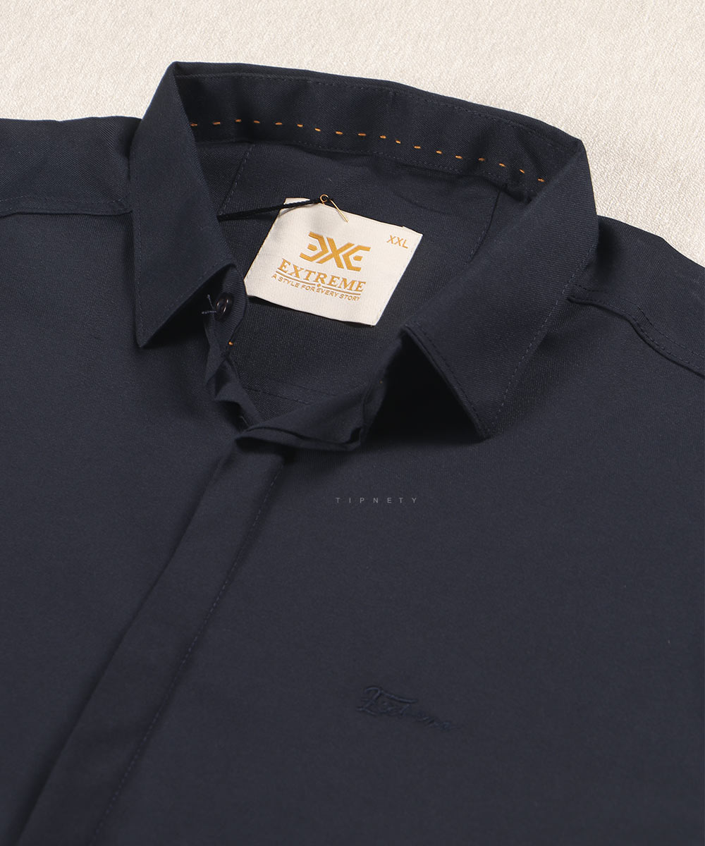 پیراهن مردانه آستین بلند دکمه مخفی سورمه ای 0198