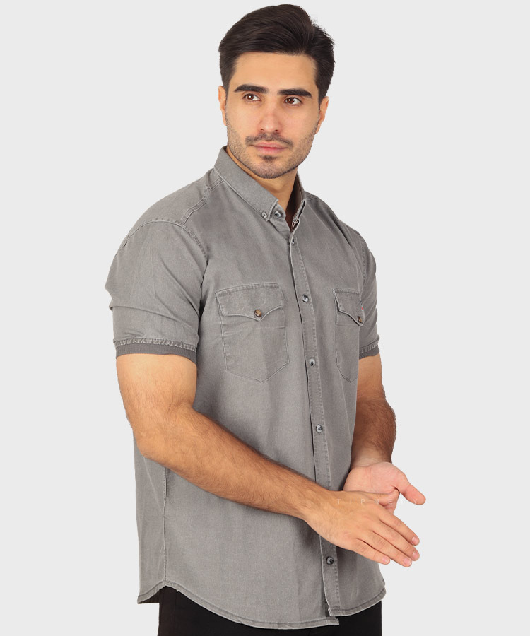                                 زیتونی سبز طوسی لجنی دودی ذغالی شتری پیراهن آستین کوتاه فیت 0698  - تصویر 3