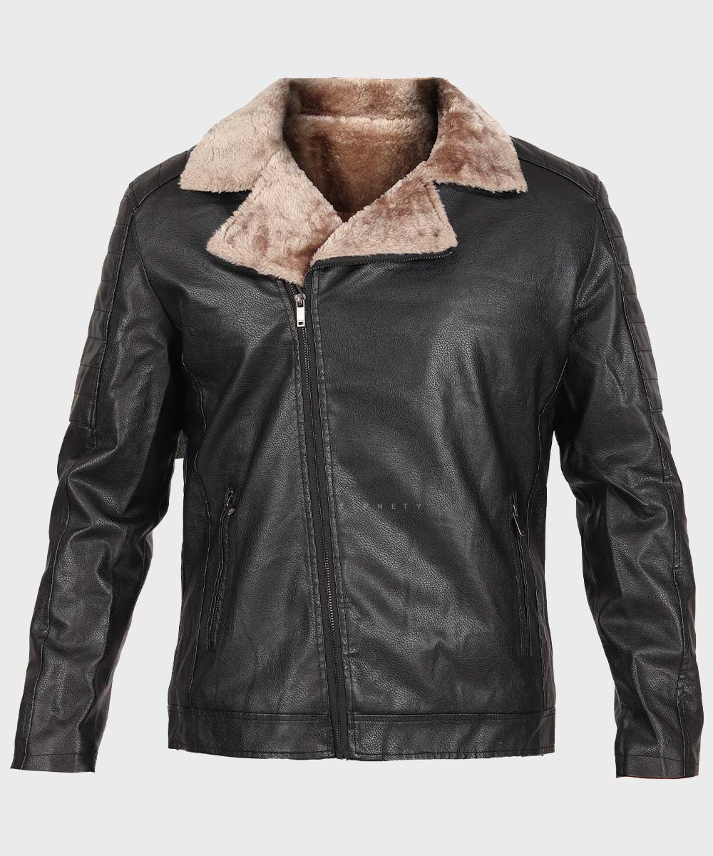 کت چرم مردانه مشکی یقه انگلیسی خزدار 2266