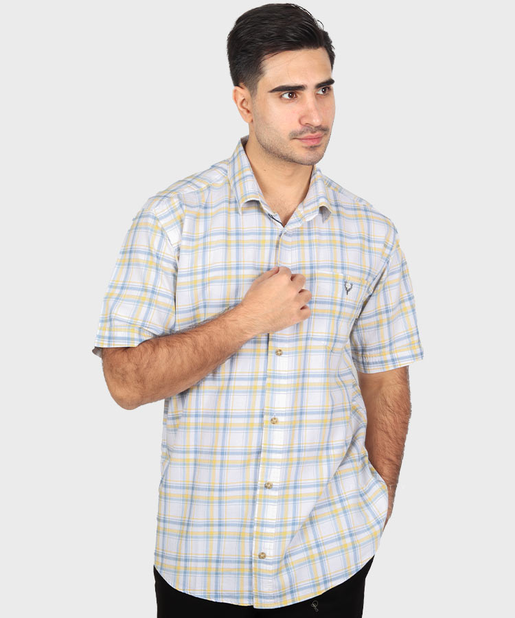 پیراهن مردانه آستین کوتاه چهارخانه زرد 0934