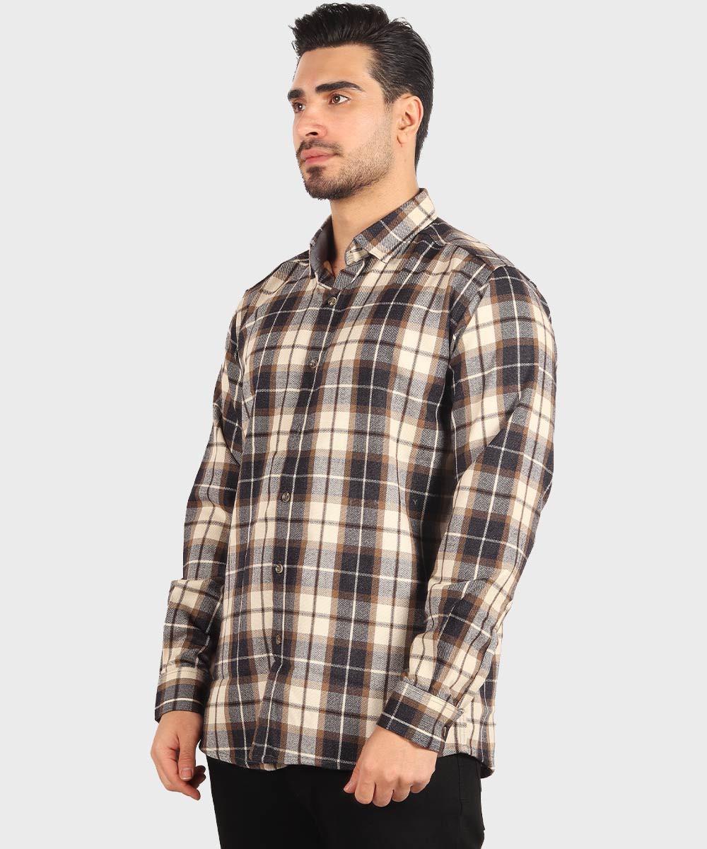 پیراهن مردانه پشمی چهارخانه کرم 0501