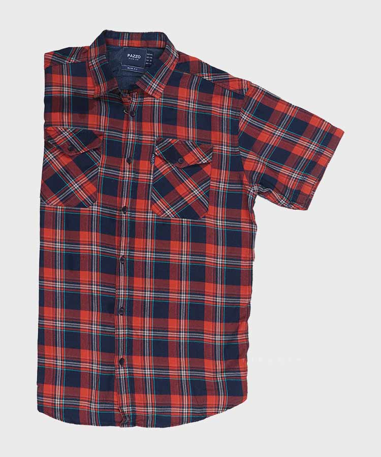 پیراهن مردانه سایز بزرگ آجری آستین کوتاه و چهارخانه 8574