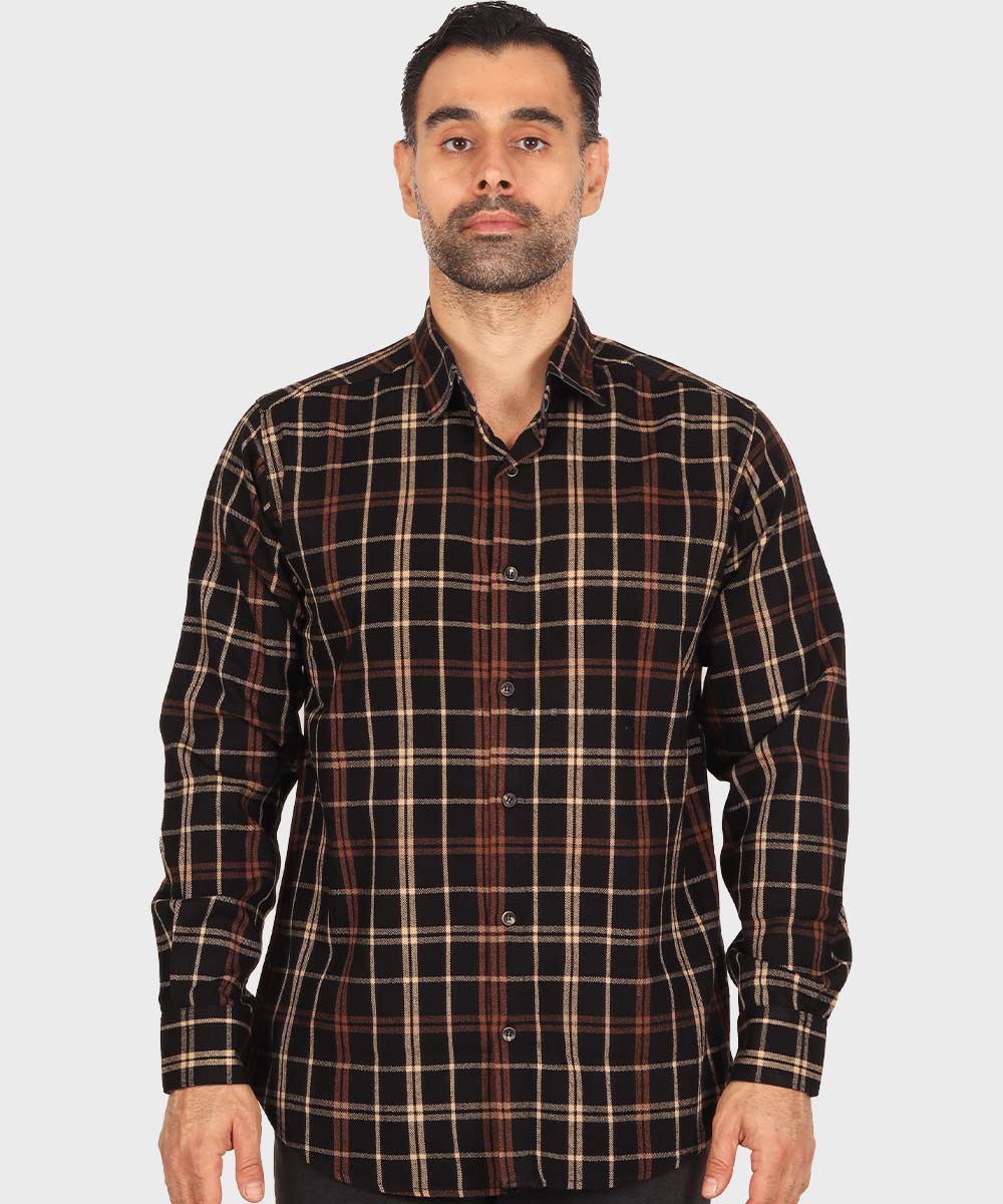 پیراهن مردانه پشمی چهارخانه و قهوه ای 0158