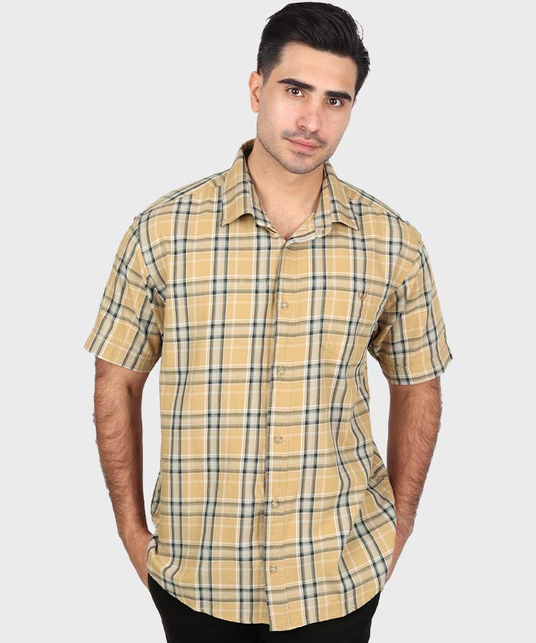 پیراهن مردانه آستین کوتاه چهارخانه شتری 0941