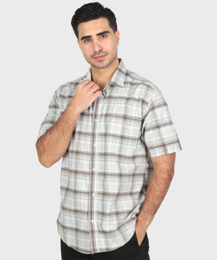 پیراهن مردانه آستین کوتاه چهارخانه قهوه ای 0935