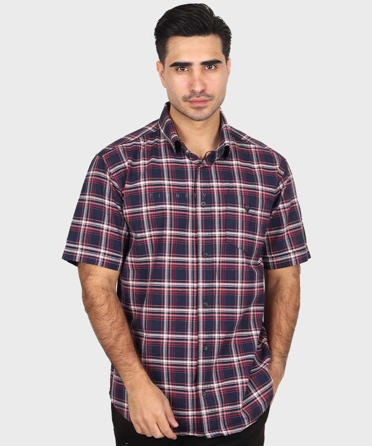 پیراهن مردانه آستین کوتاه چهارخانه سورمه ای 0947