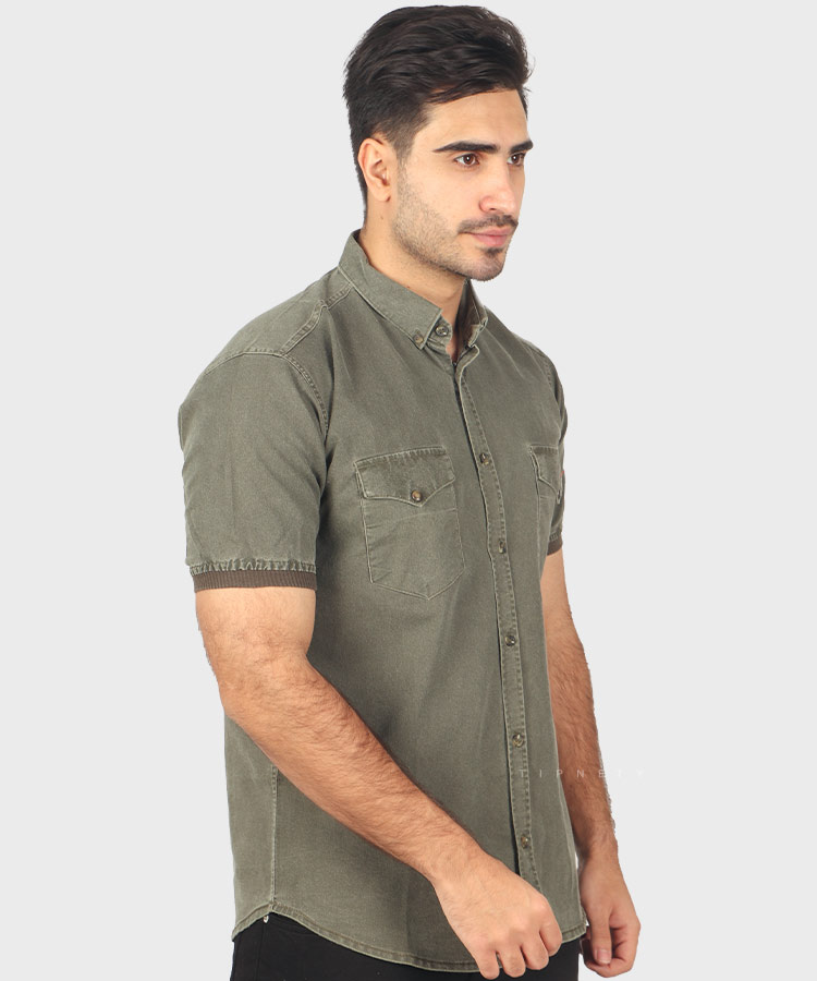                                 زیتونی سبز طوسی لجنی دودی ذغالی شتری پیراهن آستین کوتاه فیت 0698  - تصویر 4