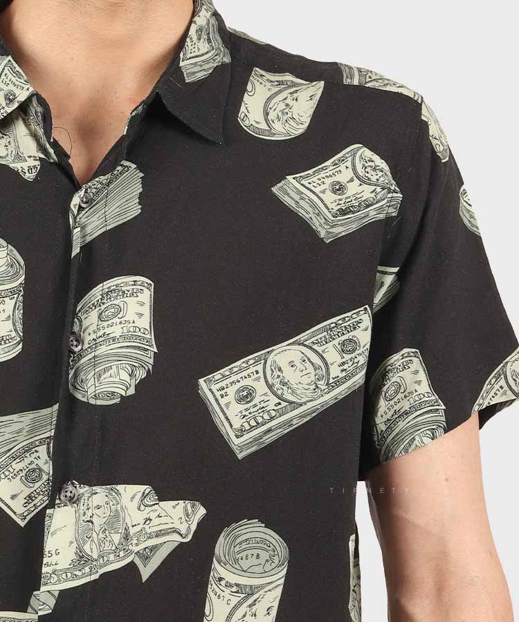 پیراهن مردانه هاوایی آستین کوتاه طرح دلار 2024