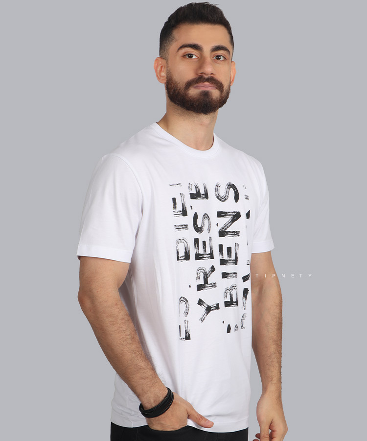 تیشرت سفید طرح دار مردانه 1064