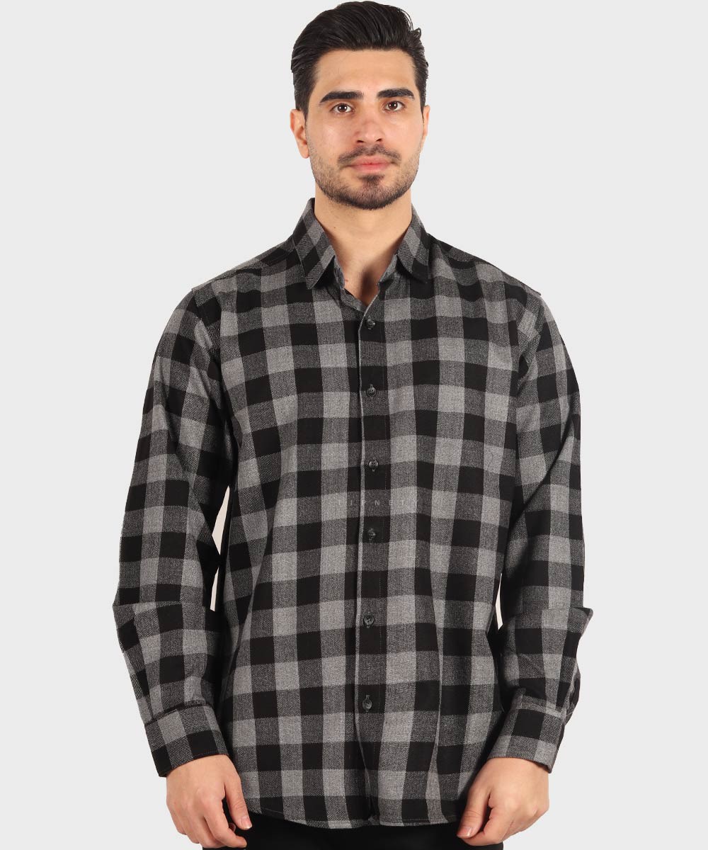 پیراهن مردانه پشمی چهارخانه مشکی 0189