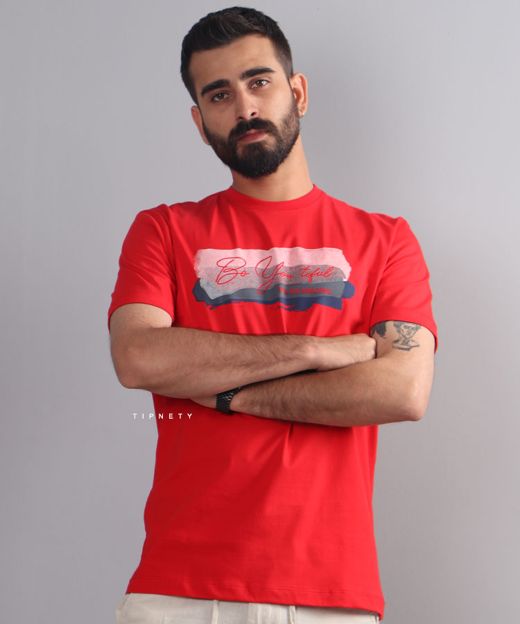 تیشرت قرمز طرح دار مردانه 1191