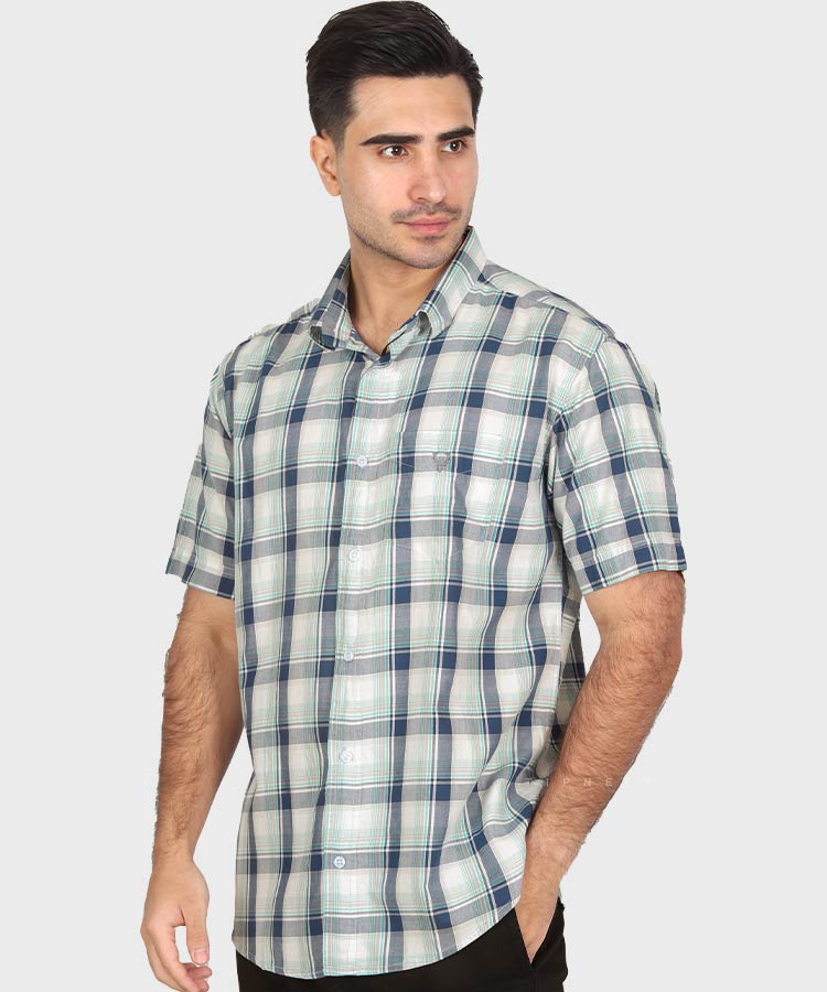 پیراهن مردانه آستین کوتاه چهارخانه سبزآبی 0945