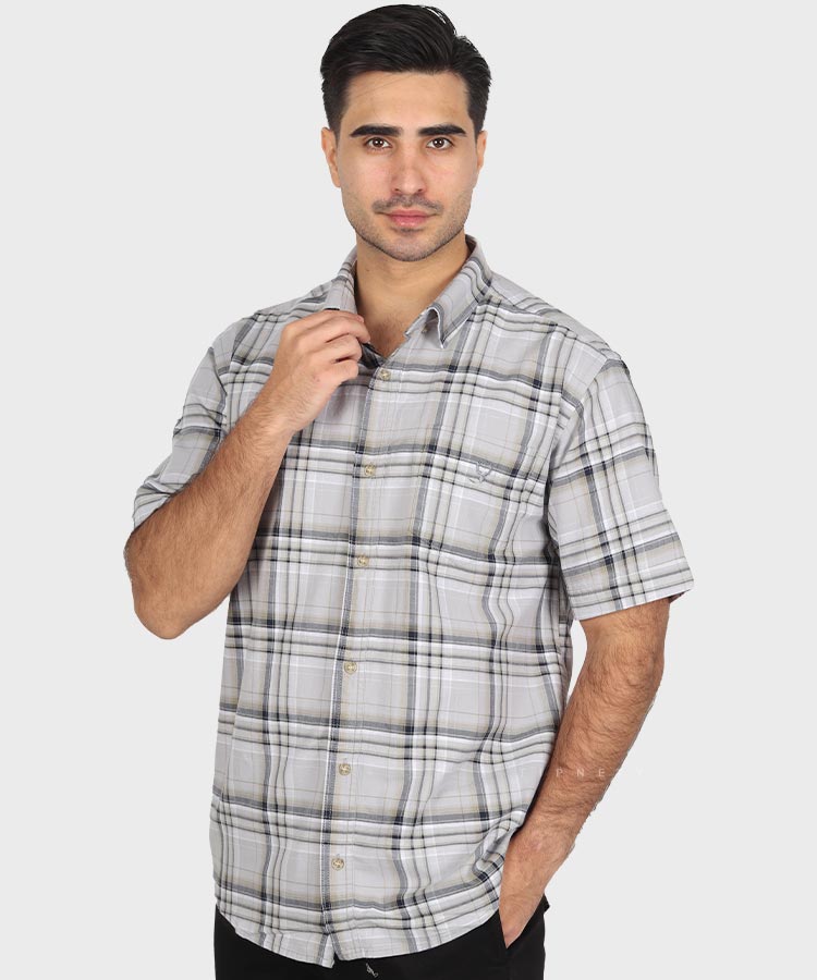 پیراهن مردانه آستین کوتاه چهارخانه طوسی روشن 0940