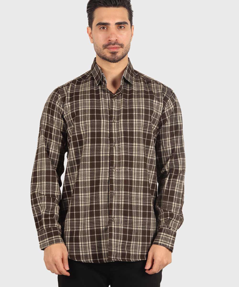 پیراهن مردانه پشمی چهارخانه قهوه ای 0180