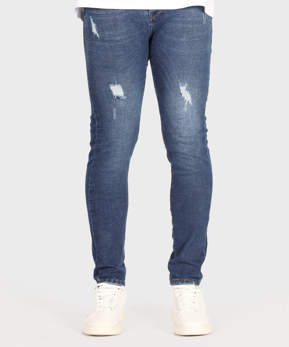 شلوار جین اسکینی مردانه آبی زاپ دار 0503