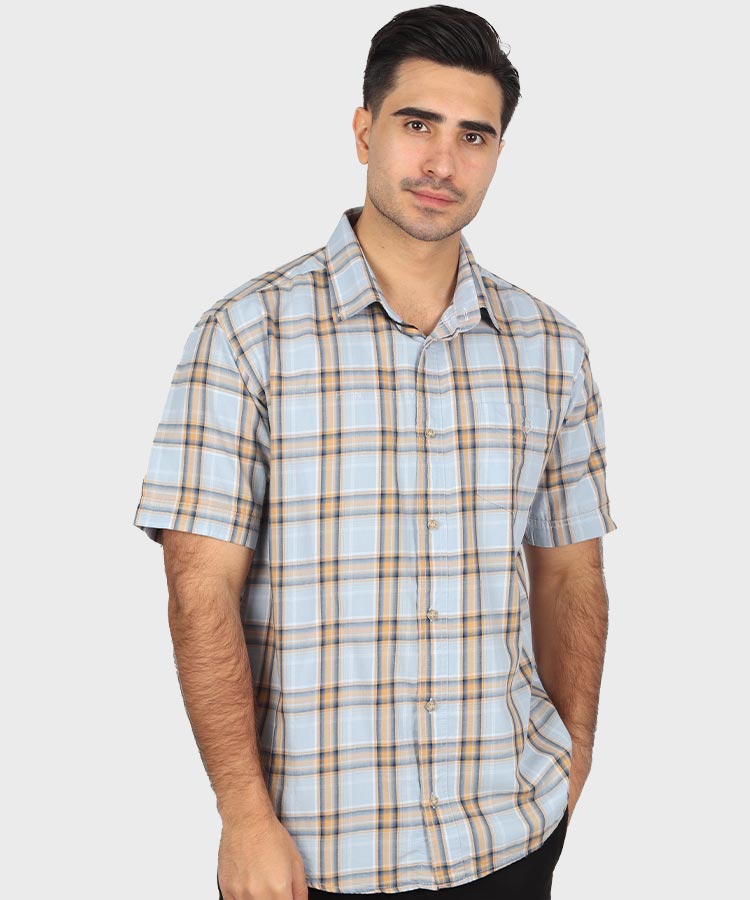 پیراهن مردانه آستین کوتاه چهارخانه نارنجی 0936