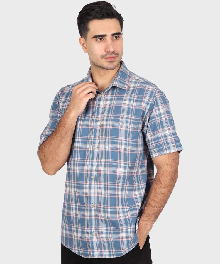 پیراهن مردانه آستین کوتاه چهارخانه صورتی 0933