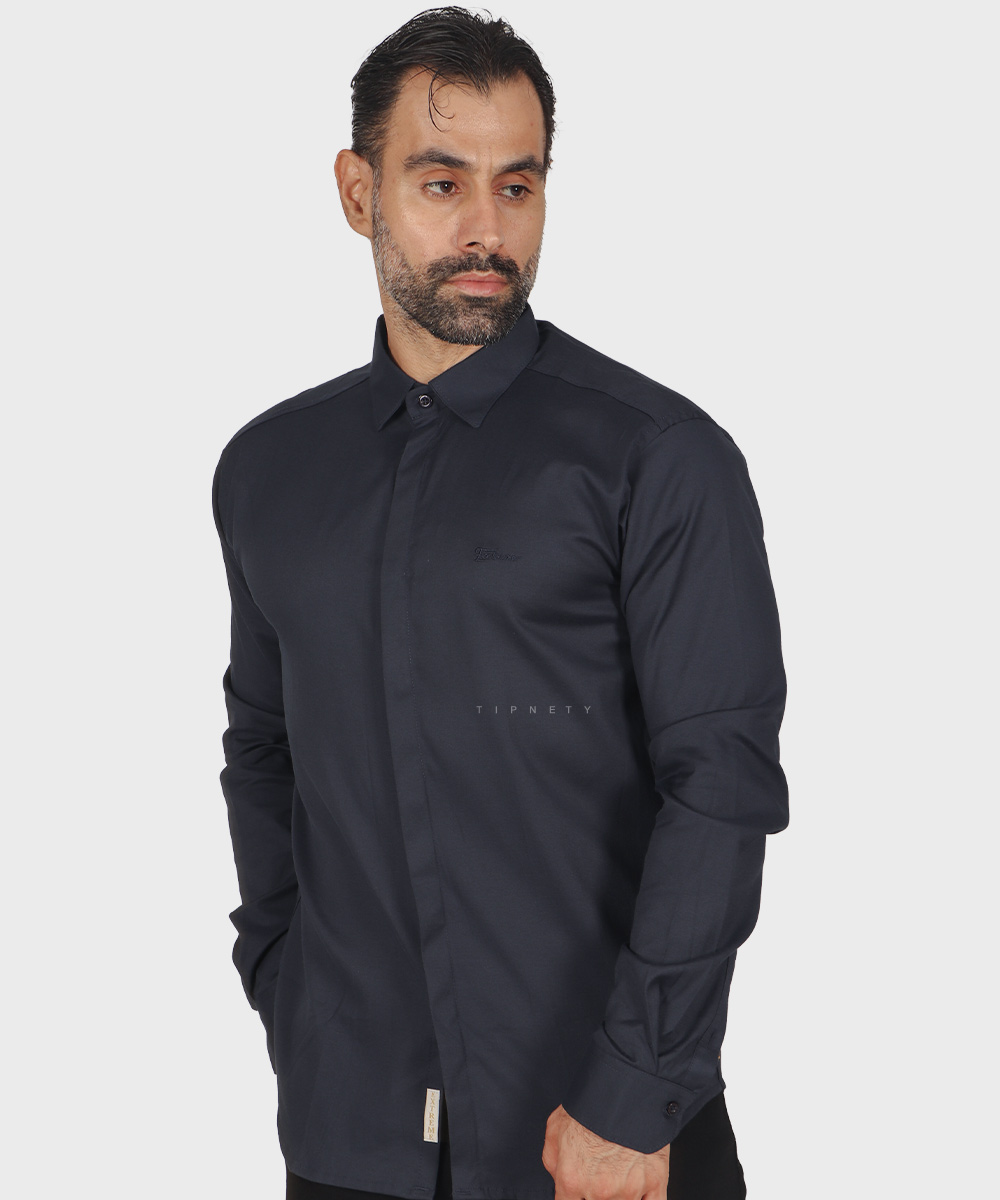 پیراهن مردانه آستین بلند دکمه مخفی سورمه ای 0198