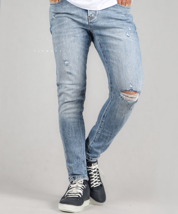 شلوار جین اسکینی مردانه آبی زاپ دار 5067