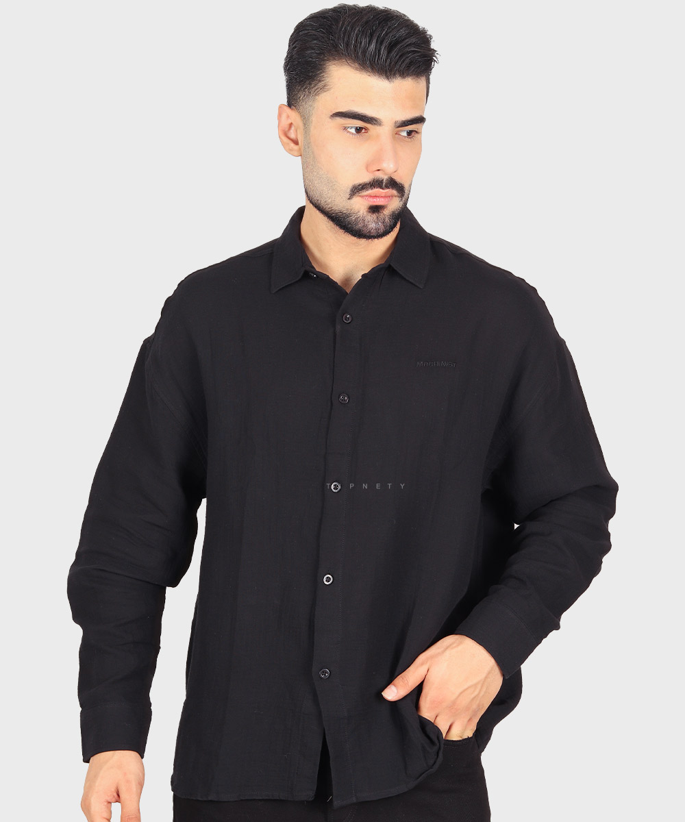 پیراهن لینن مردانه مشکی ماچینیست 0642