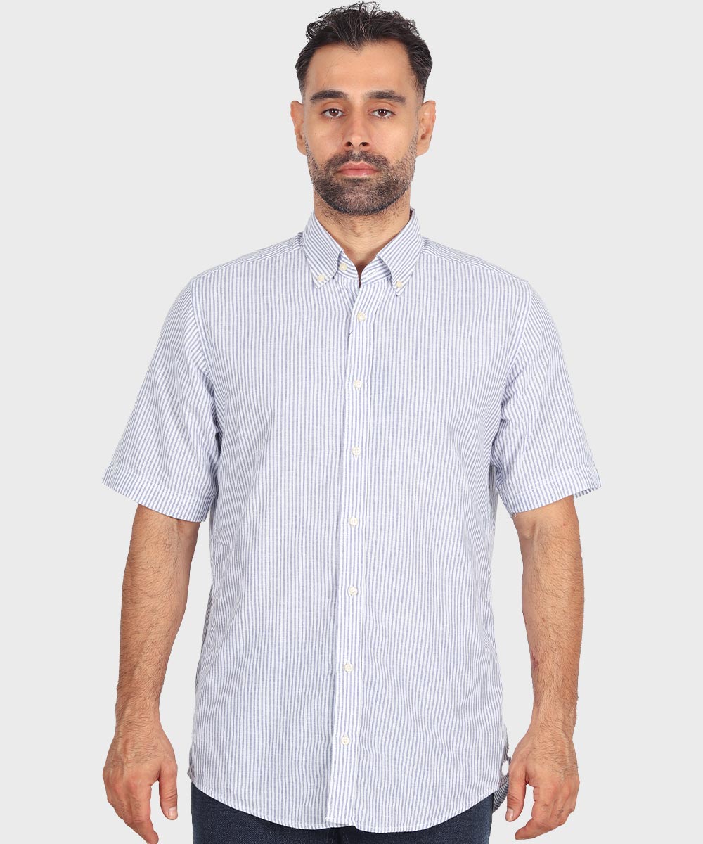 پیراهن لینن مردانه آستین کوتاه آبی 1883